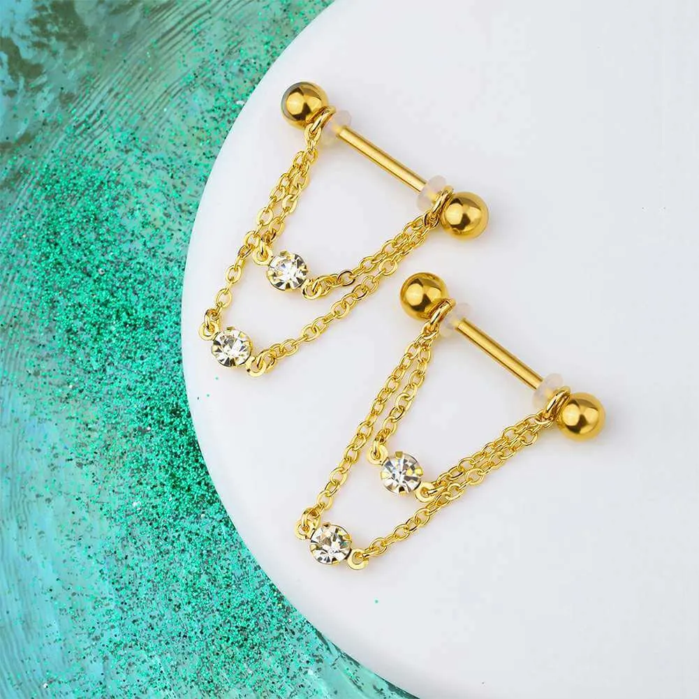 14G Double Chain Style Nipple Rings 2PCS Set