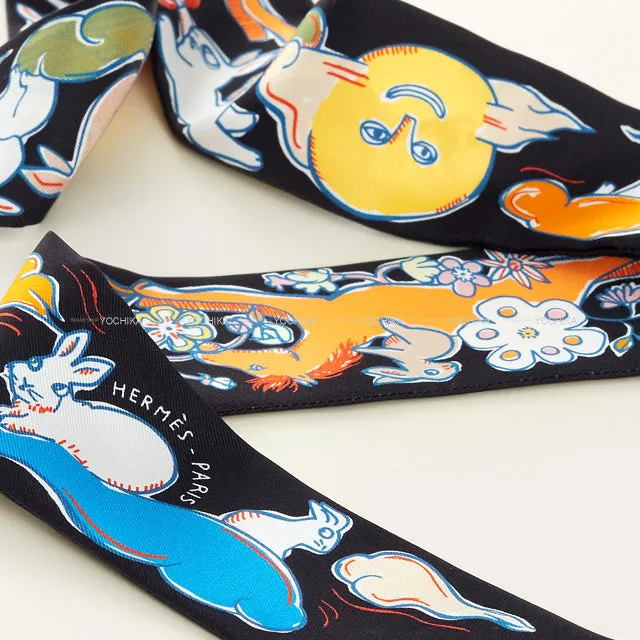 2023 AW HERMES scarf Twilly Mille et Un Lapins Noir (Black)/Apricot/Blue Silk100%[BRAND NEW][Authentic]