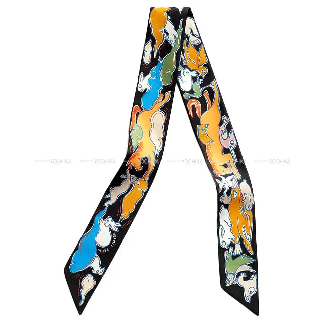 2023 AW HERMES scarf Twilly Mille et Un Lapins Noir (Black)/Apricot/Blue Silk100%[BRAND NEW][Authentic]