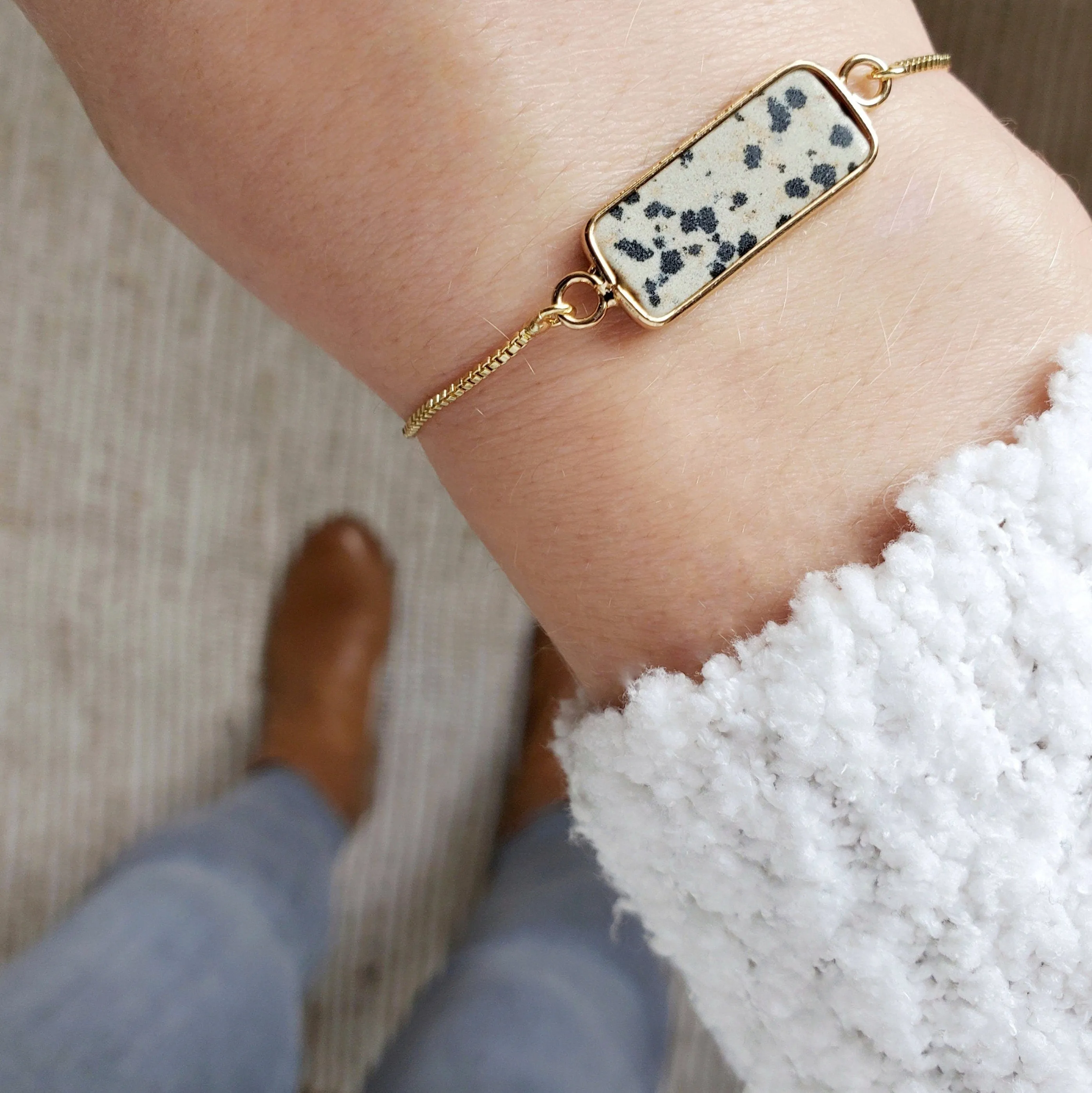 Adjustable Dalmatian Jasper Crystal Bar Bracelet