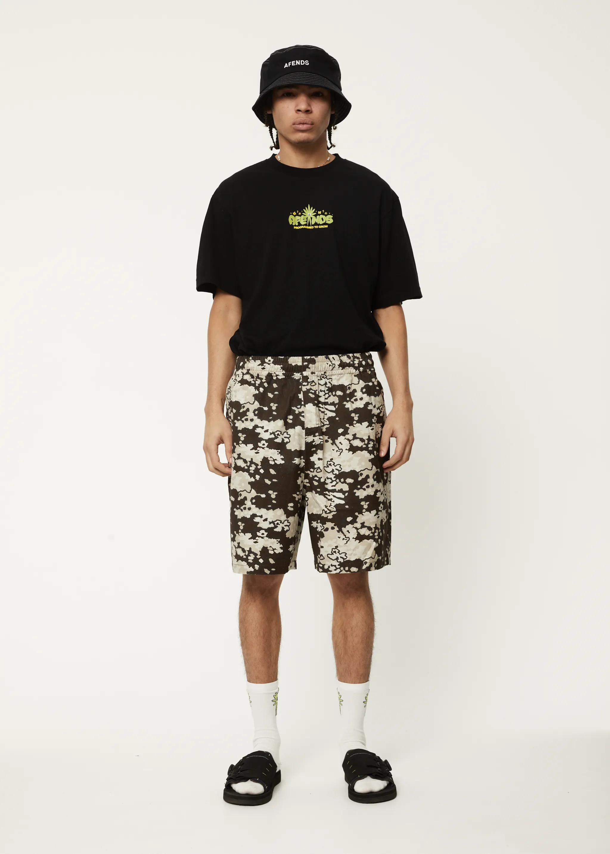 AFENDS Mens Ninety Eights - Baggy Elastic Waist Shorts - Earth Camo