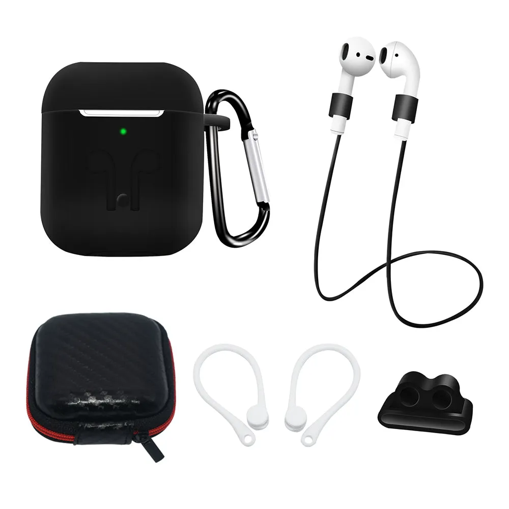 AirPods (1 & 2. gen.) Hurtel Silikone Case Sæt m. Etui, Neck Strap & Ear Hook - Sort