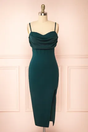 Astoria Green | Fitted Midi Dress w/ Cowl Neck