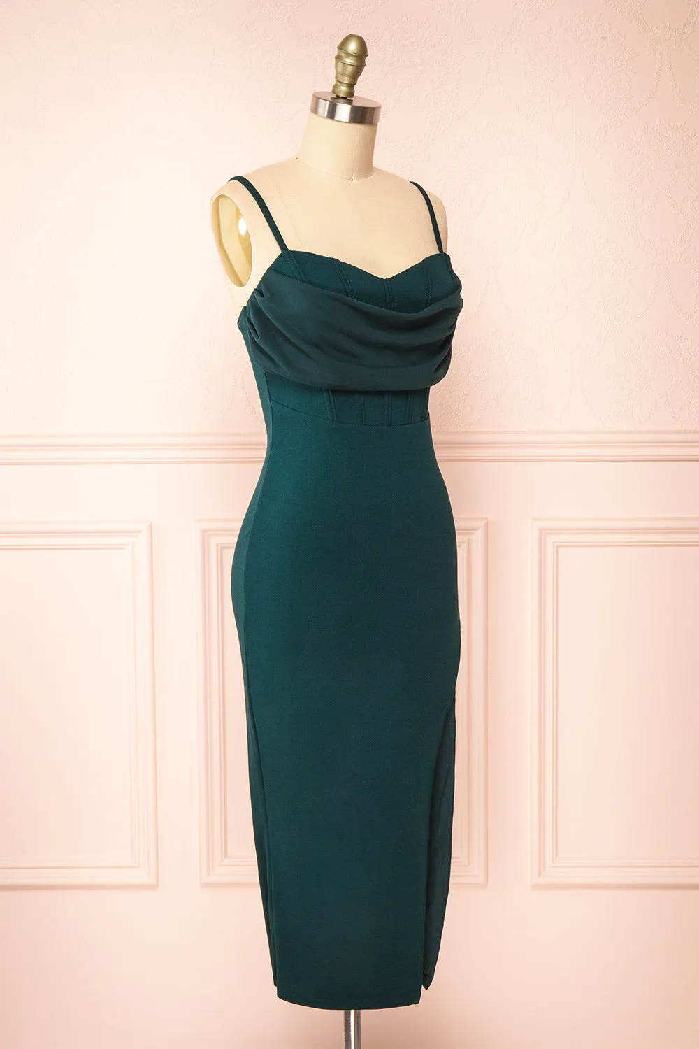 Astoria Green | Fitted Midi Dress w/ Cowl Neck