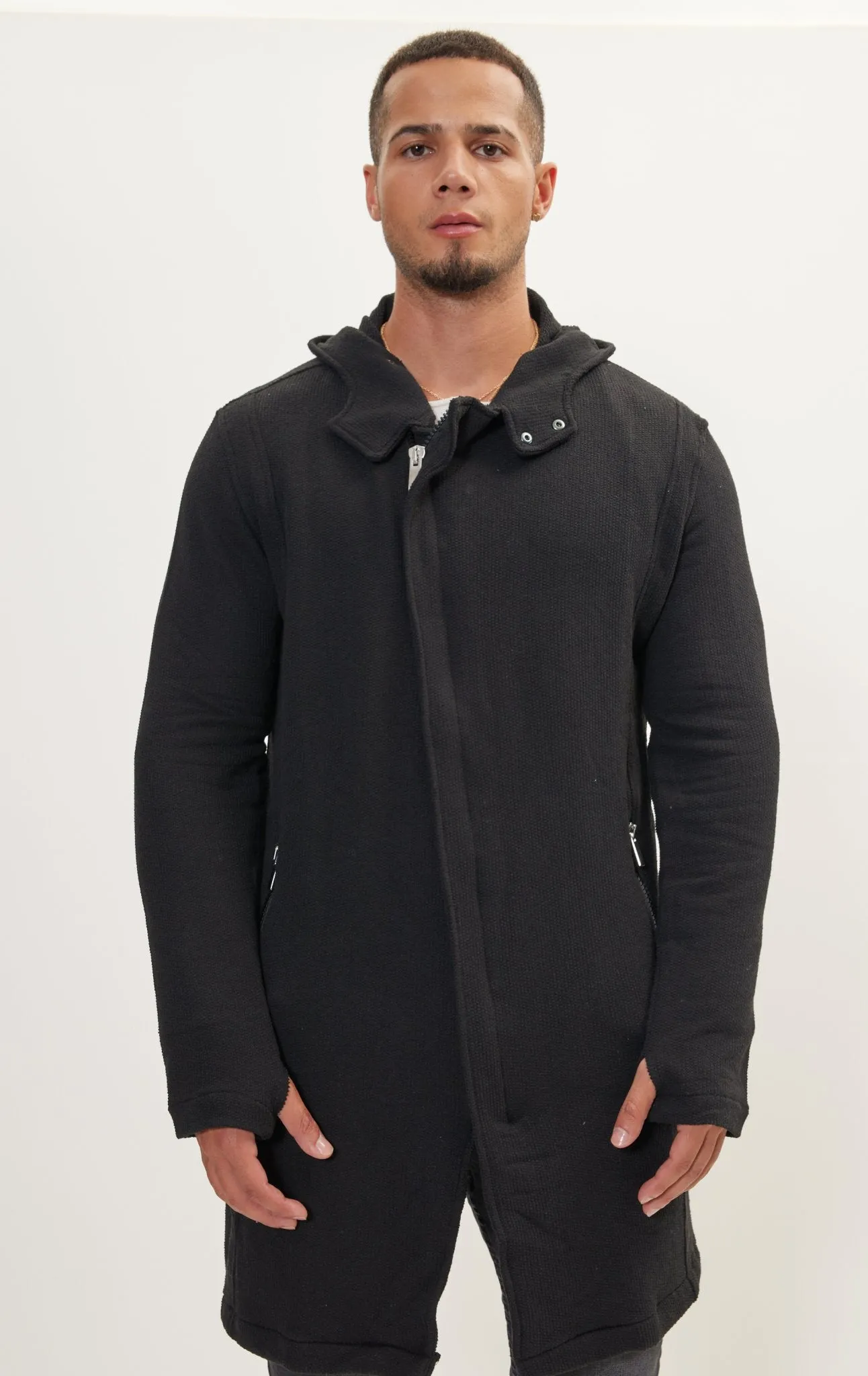 Asymmetric Rebel Cardigan Zipper Closure With Hood - Black