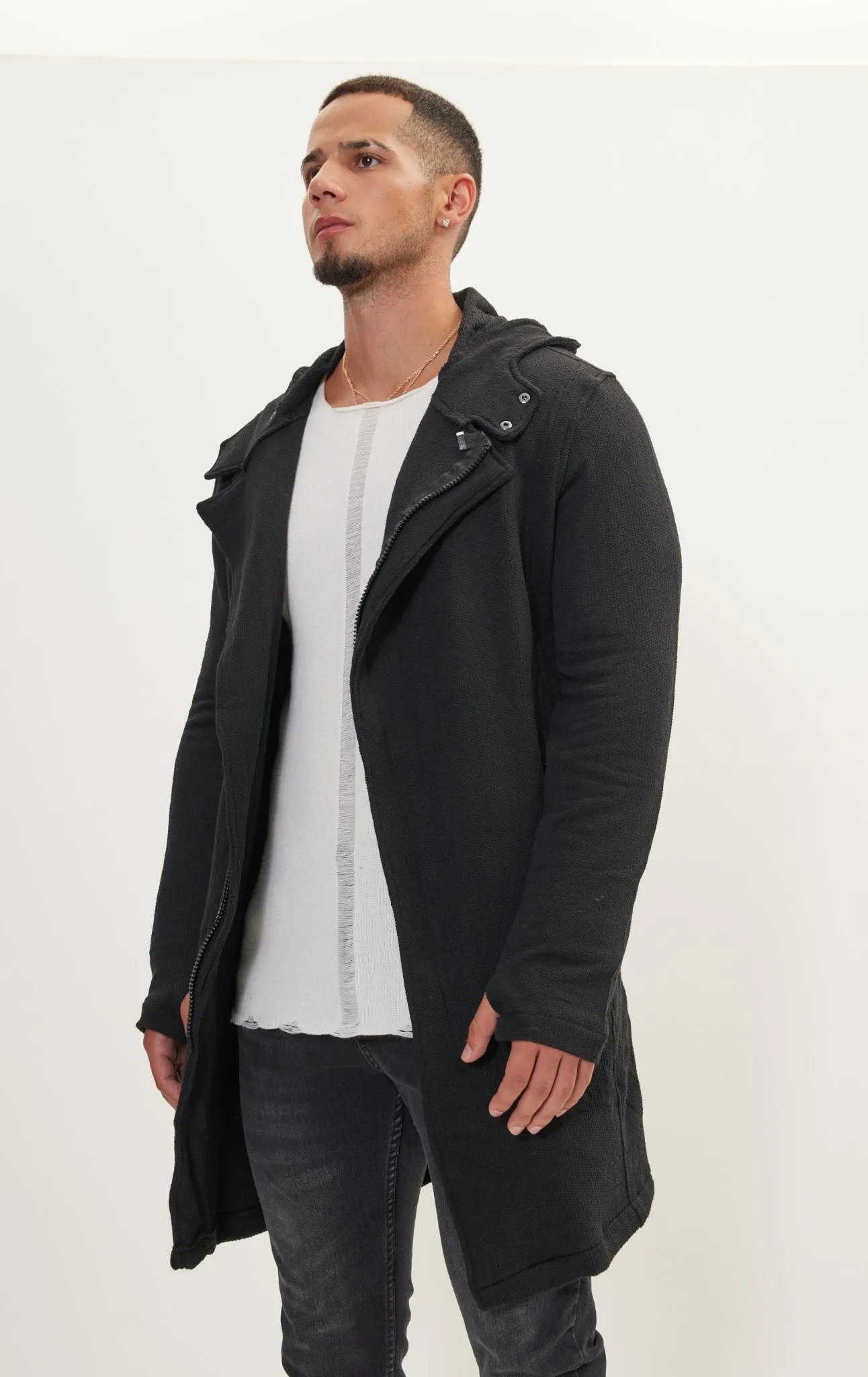 Asymmetric Rebel Cardigan Zipper Closure With Hood - Black