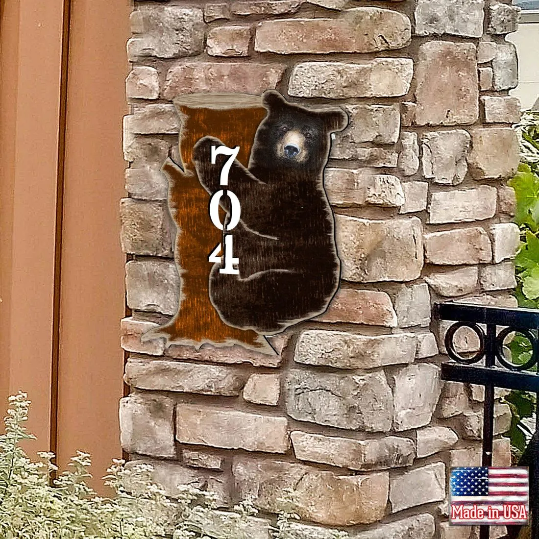 Bear on the Stoop Log Cabin House Number Sign by G. DeBrekht - Nature Wildlife Décor - MA81982153