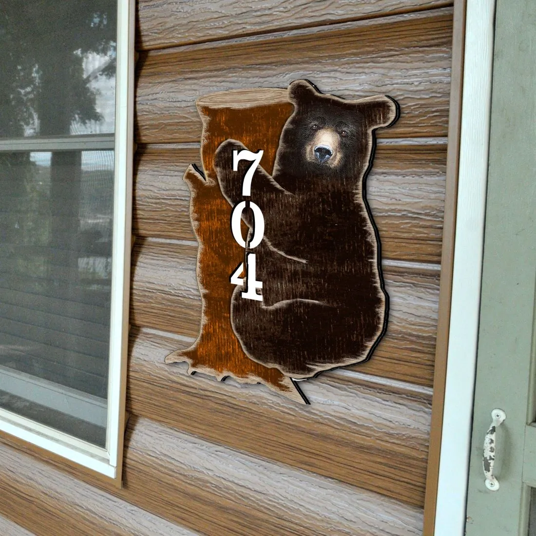 Bear on the Stoop Log Cabin House Number Sign by G. DeBrekht - Nature Wildlife Décor - MA81982153