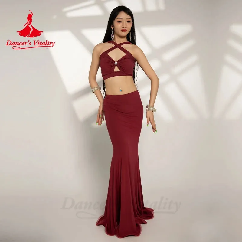 Belly Dance Costume Set for Women Sexy Sleeveless Top cotton Fishtail Skirt 2pcs Adult Oriental Belly Dancing Wear Clothing