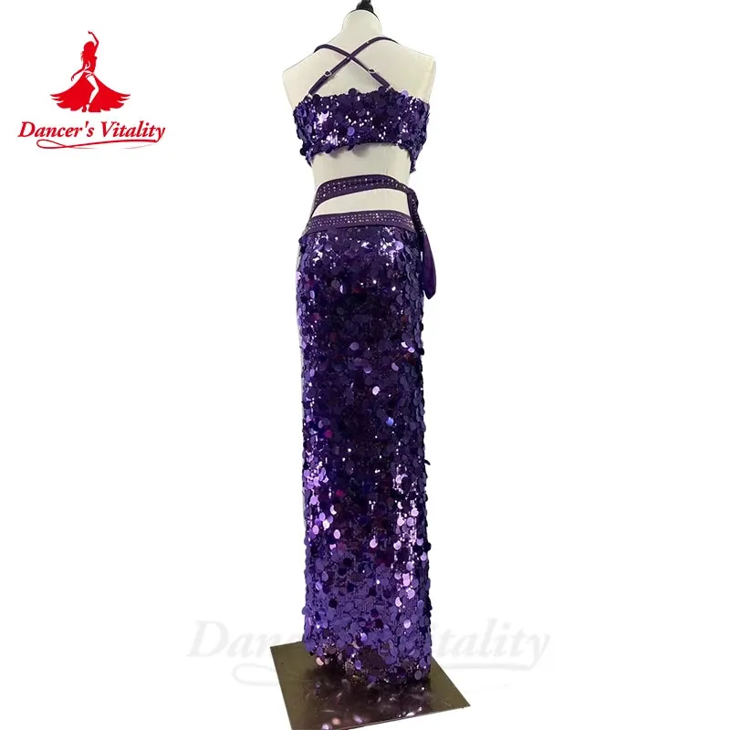 Belly Dance Costume Suit for Women Big Sequins Top split Long Skirt Custom Adult Child Oriental Bellydance Performance Outfit