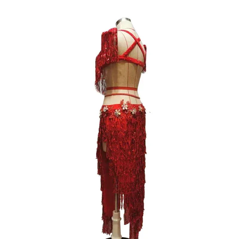 Belly Dance Set Sequins Sling Bra Tassel Skirt Performance Clothes Suit High-End Custom Adult Child Elegant Competition Clothing