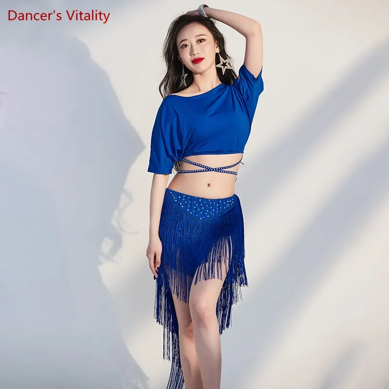 Belly Dance Training Suit Belly Dance Short Sleeves Top Tassel Skirt Women Belly Dancing Performance Suit Female Oriental Outfit