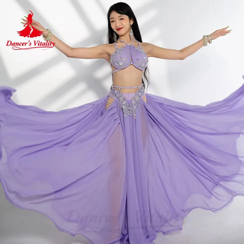 Belly Dancer Costume Set for Women Senior AB Stones Bra Top chiffon Long Skirt 2pcs Custom Adult Child Oriental Dancing Outfit