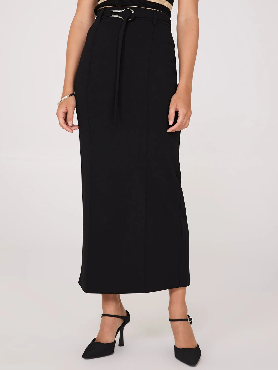 Belted Front Pintuck Column Skirt