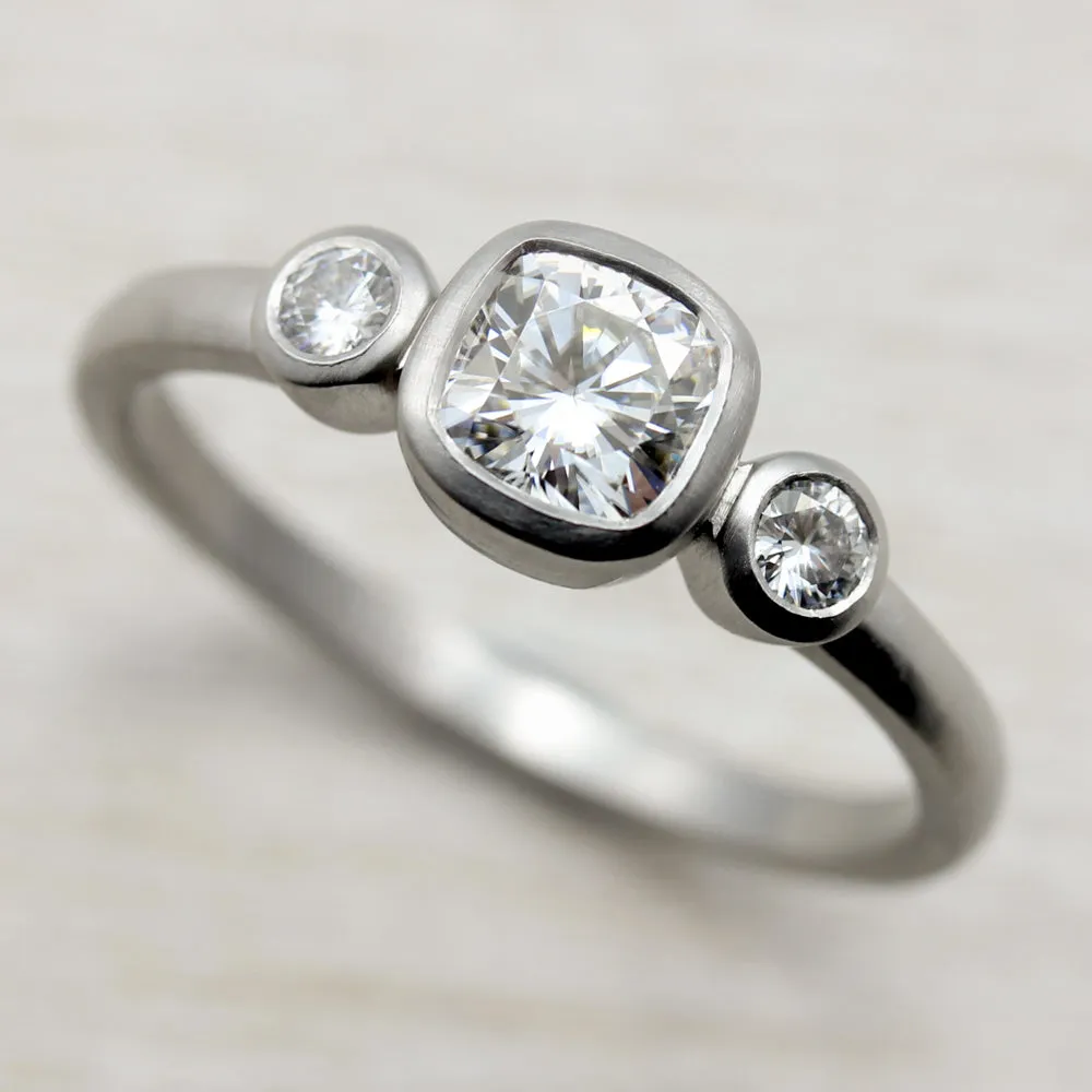 Bezel-set Cushion Three Stone Ring