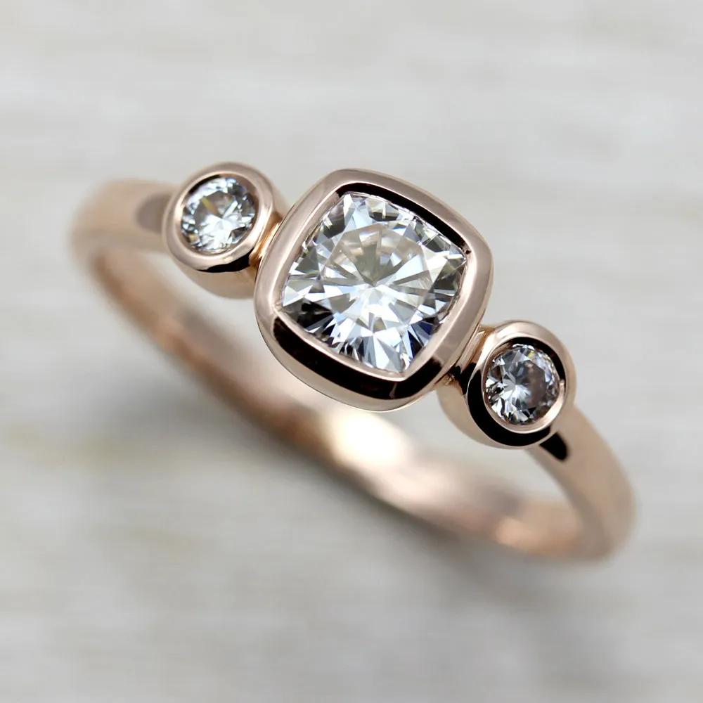 Bezel-set Cushion Three Stone Ring