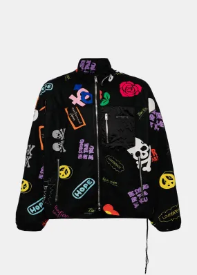 Black All Over Motif Fleece Jacket