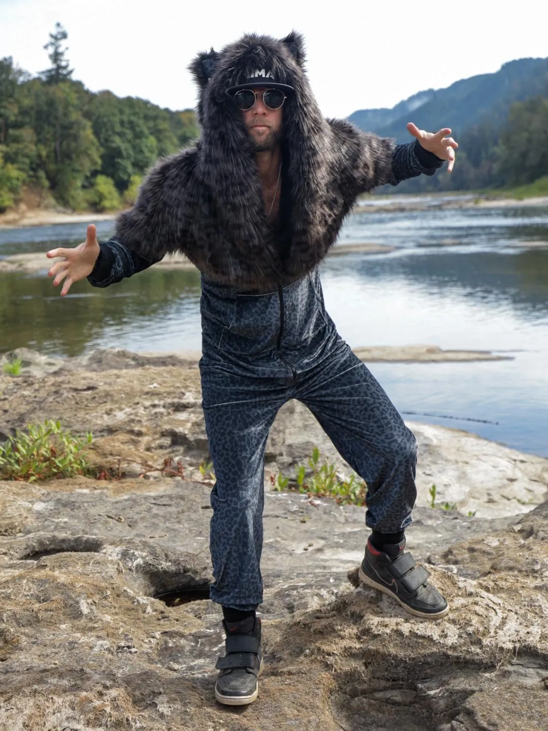 Black Panther Velvet Classic Faux Fur Animal Onesie | Men's