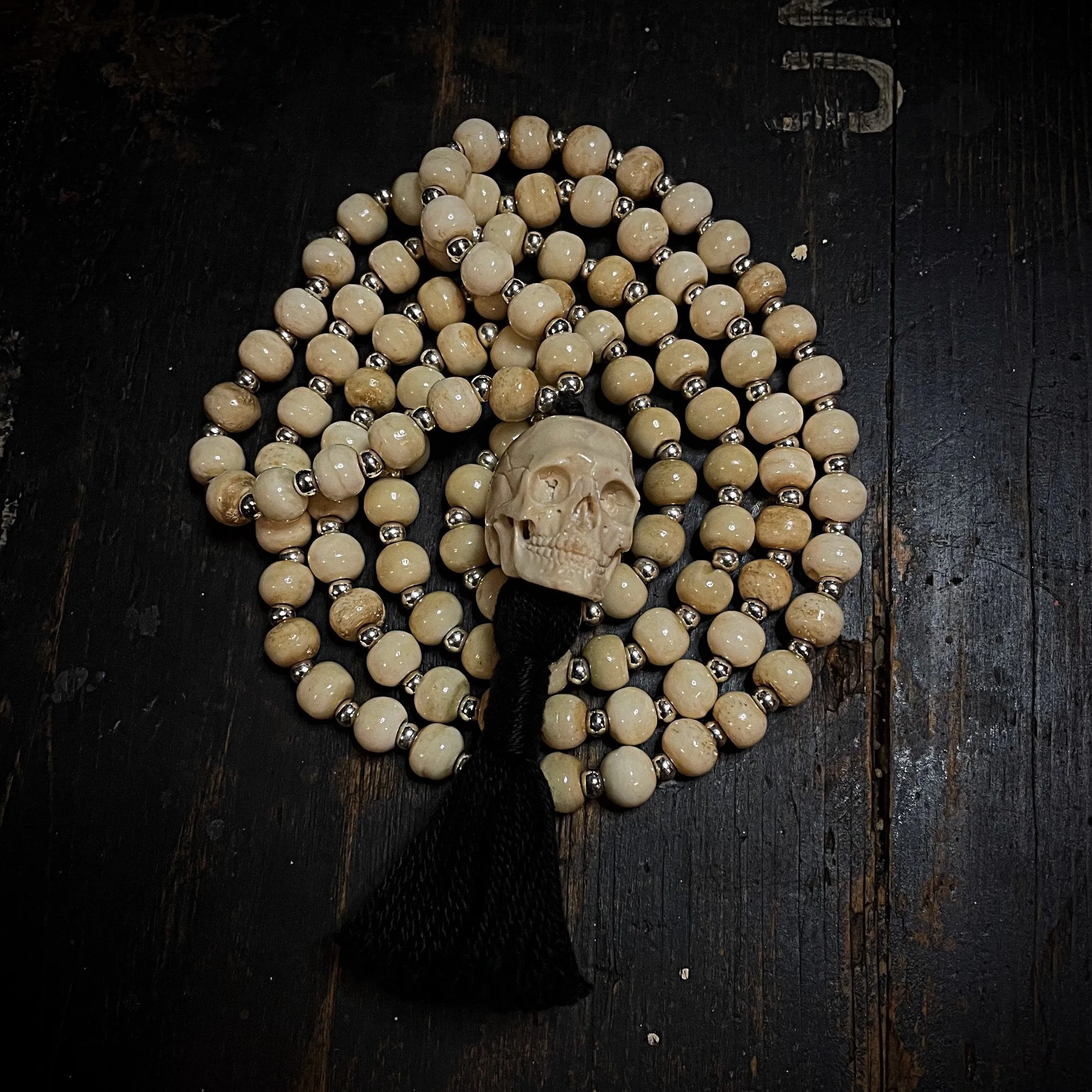 Bone and Silver Mala Necklace