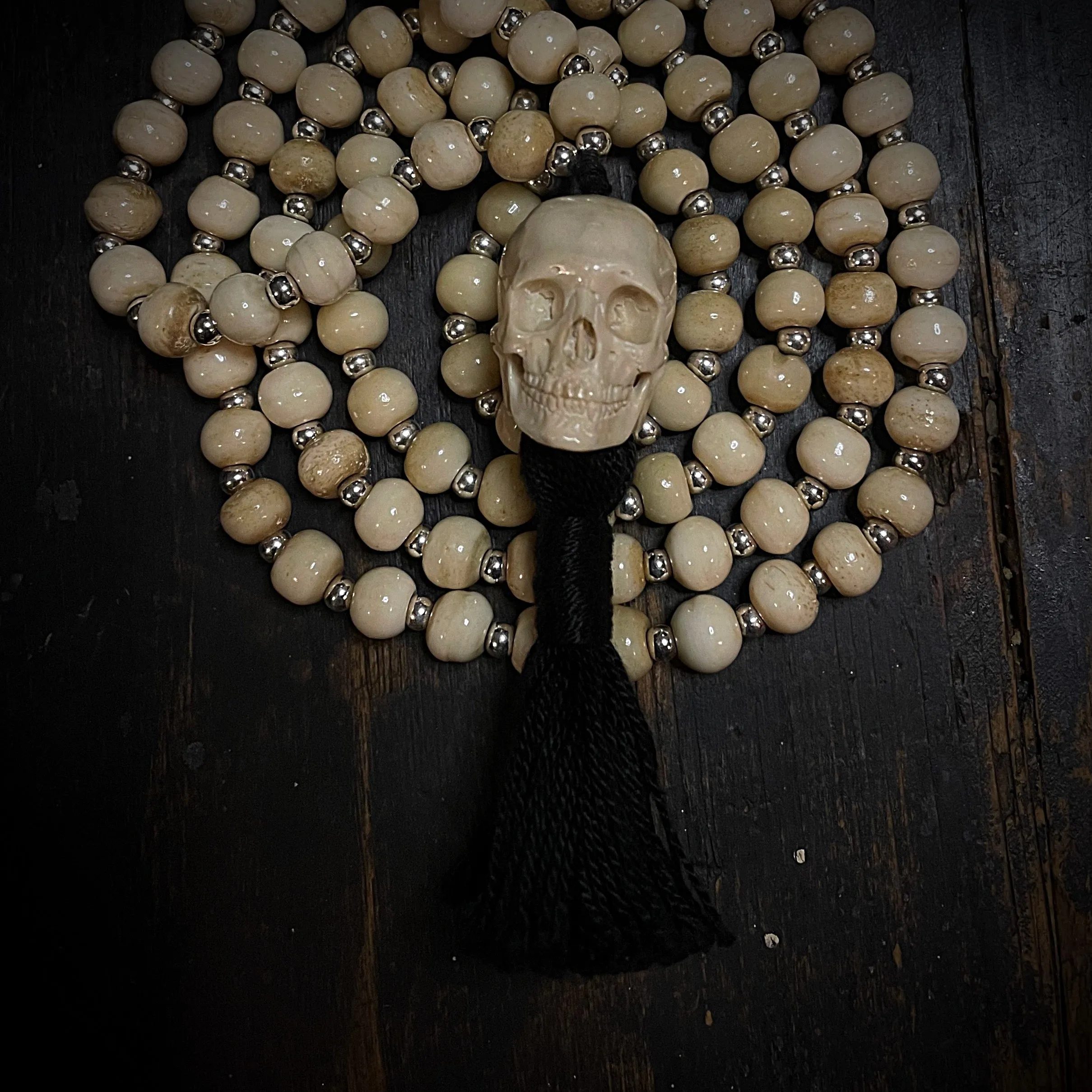 Bone and Silver Mala Necklace