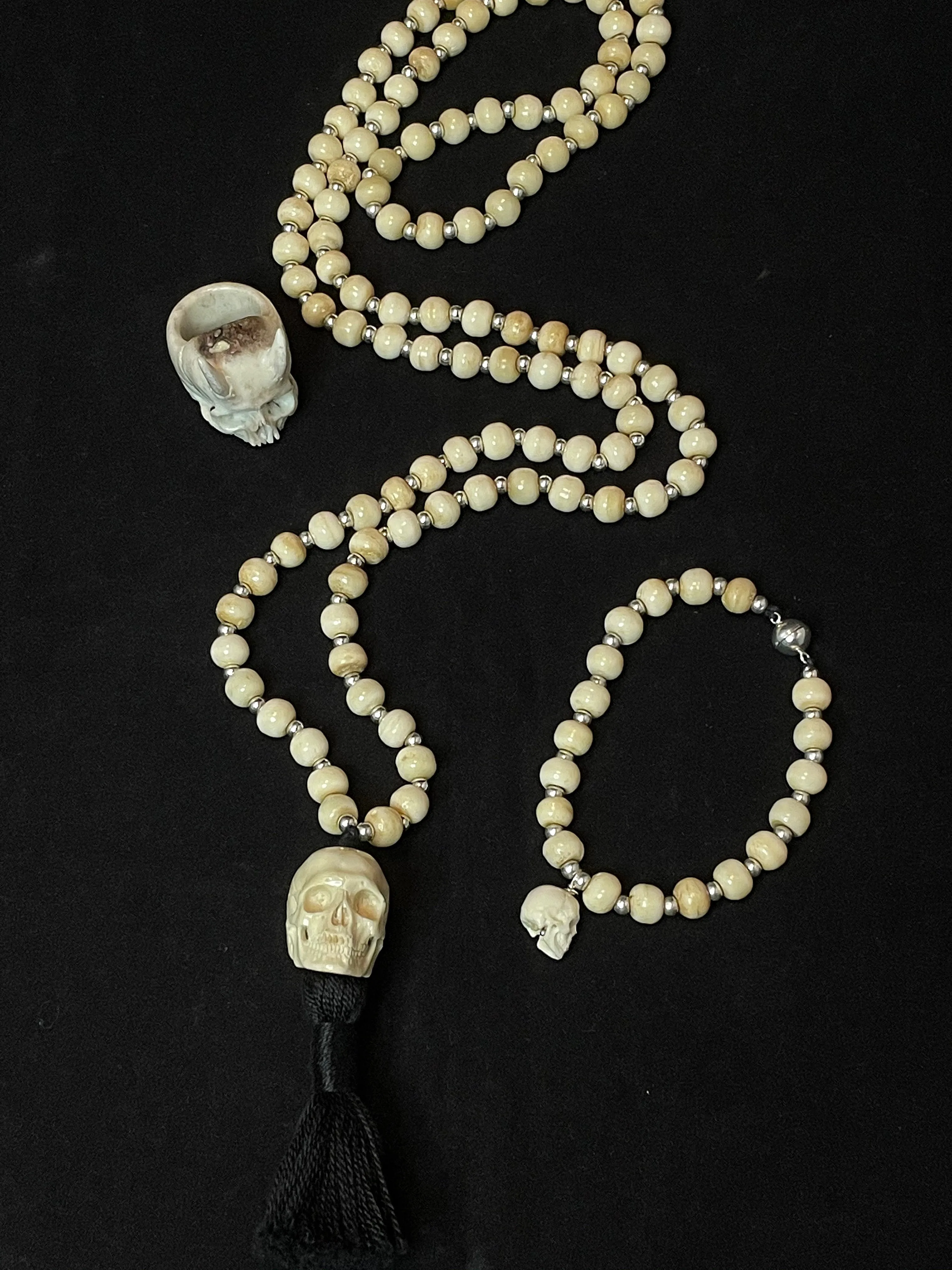 Bone and Silver Mala Necklace