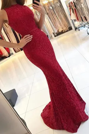 Burgundy Mermaid High Neck Tight Long Prom Dresses Evening Dresses, SP384