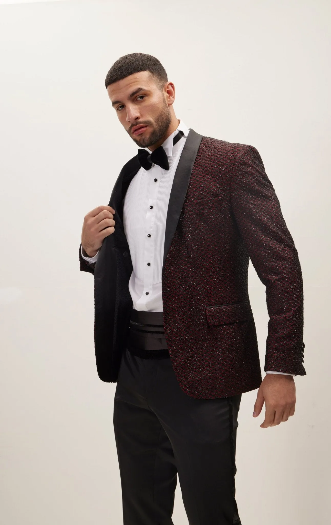 Checkered Lace Weave Shawl Lapel Tuxedo Jacket -  Burgundy Tuxedo