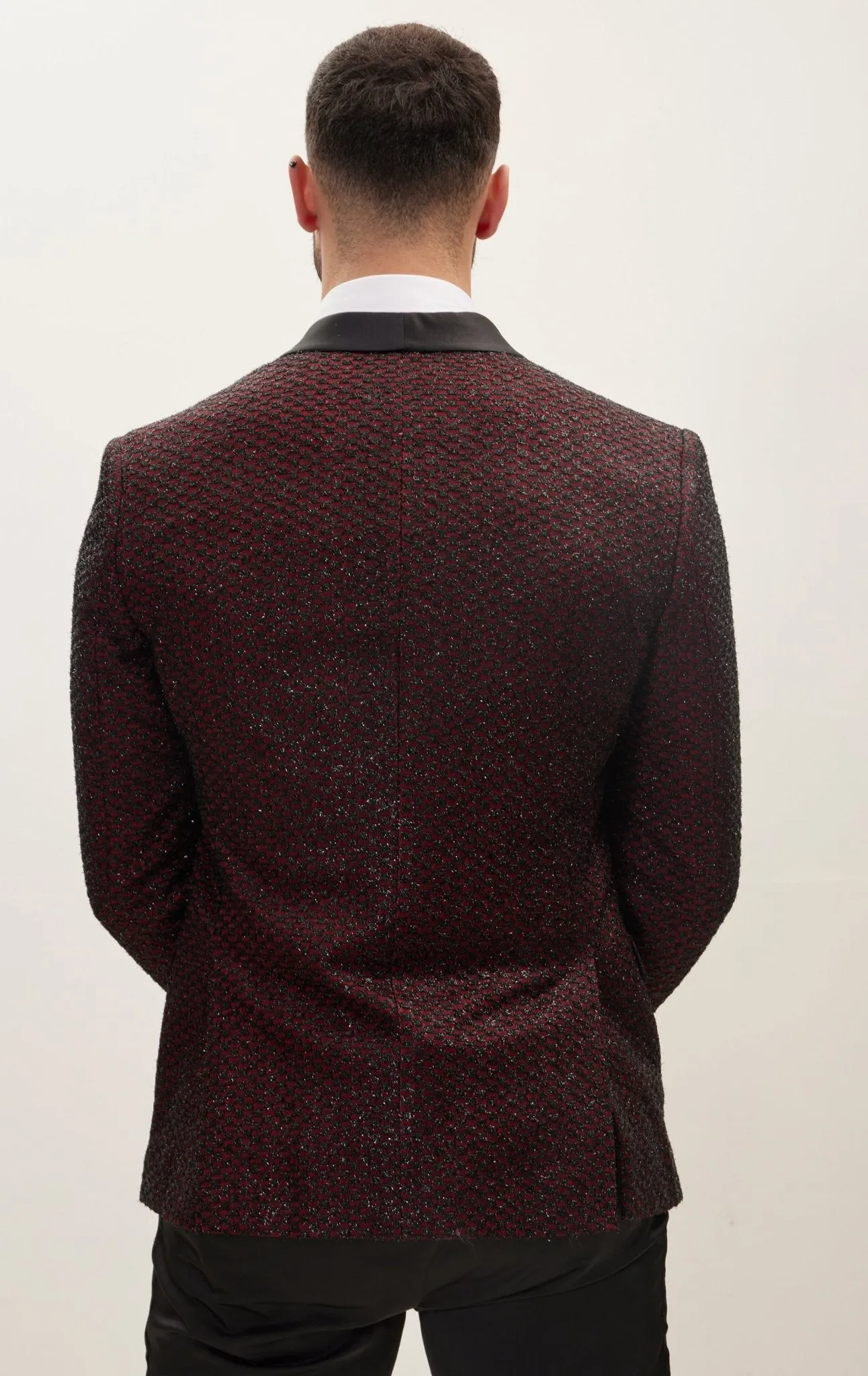 Checkered Lace Weave Shawl Lapel Tuxedo Jacket -  Burgundy Tuxedo