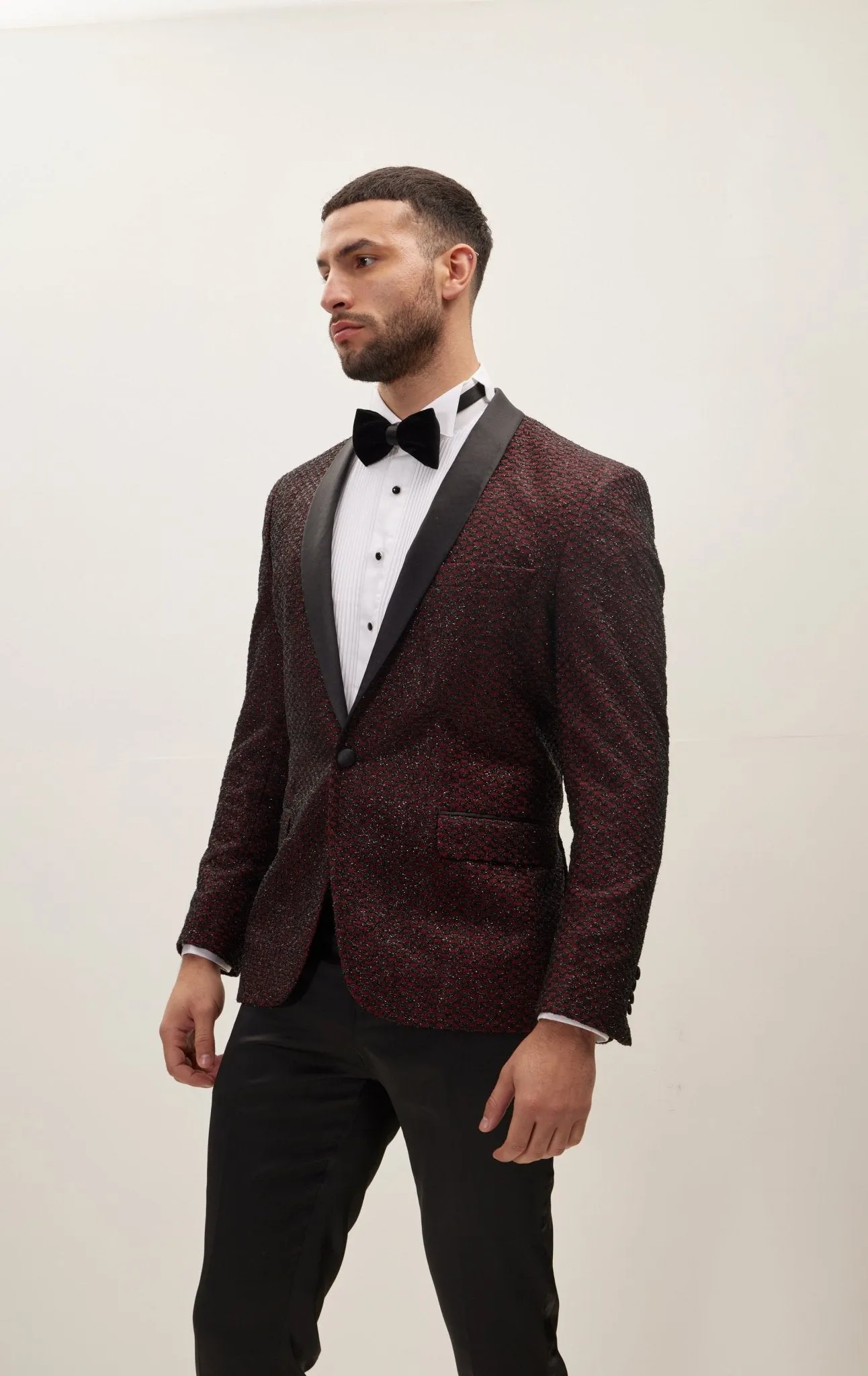 Checkered Lace Weave Shawl Lapel Tuxedo Jacket -  Burgundy Tuxedo