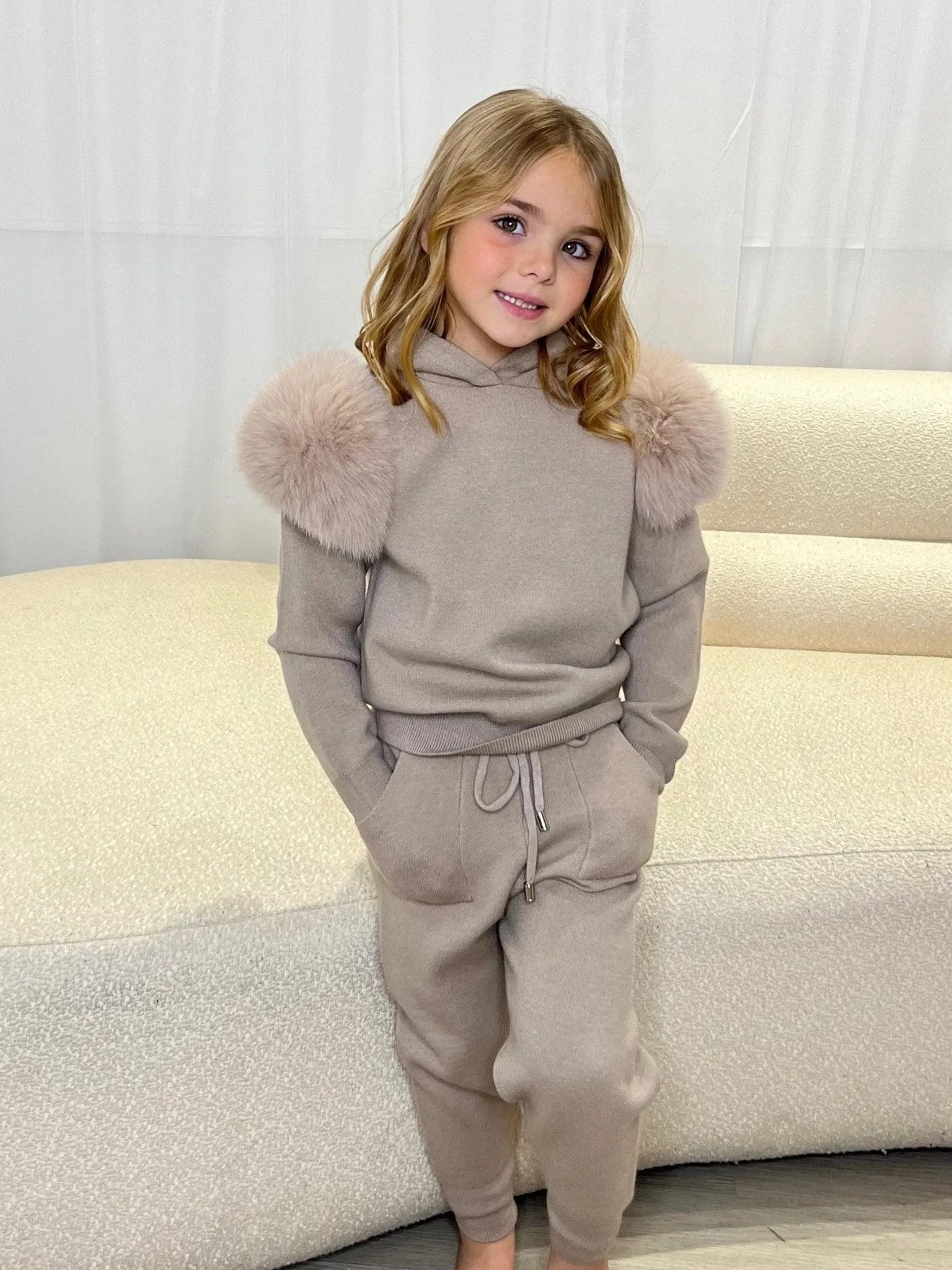 Childrens Beige Luxury Fur Tracksuit