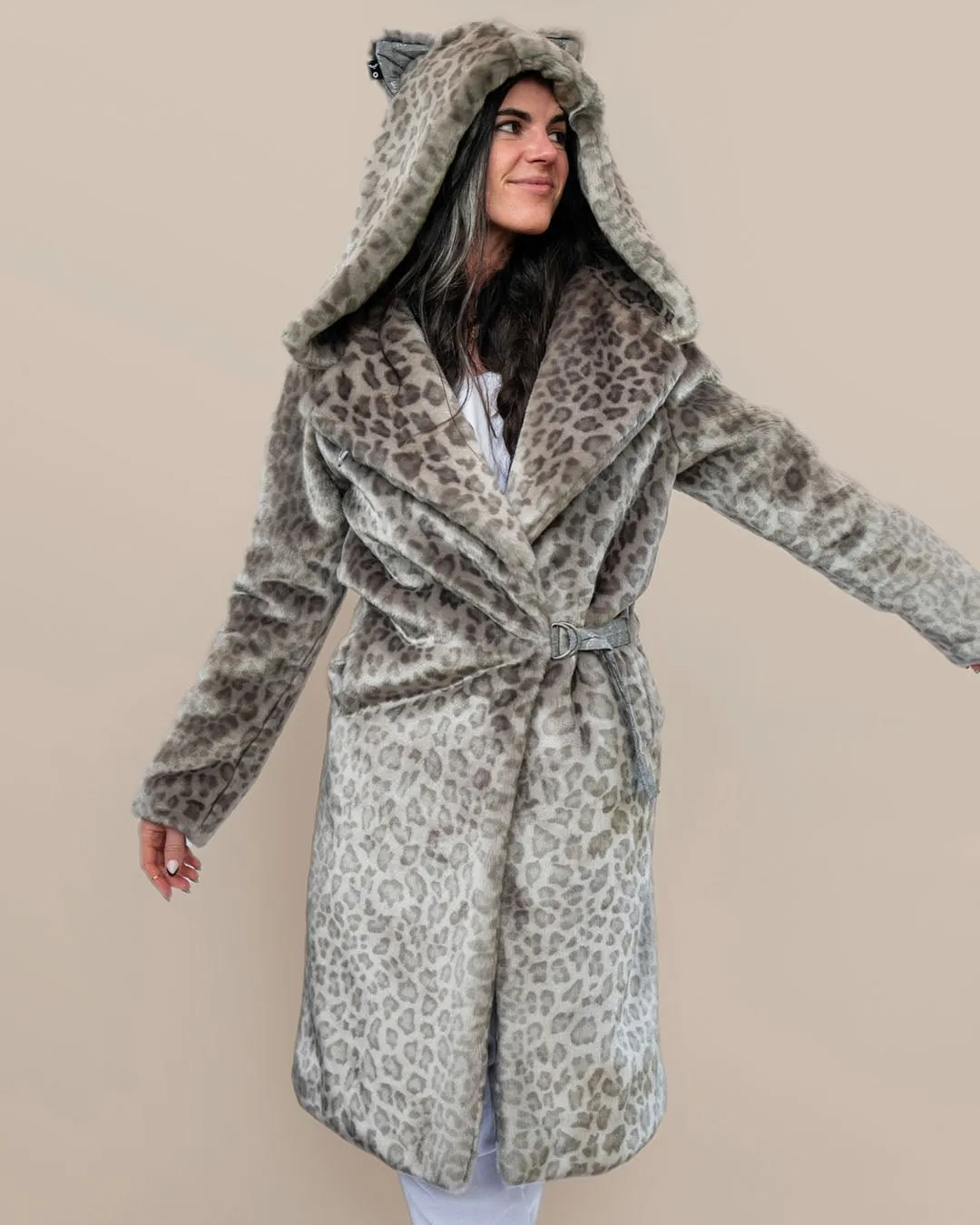 Classic Women's Long Faux Fur Coat | Silver Leopard Print