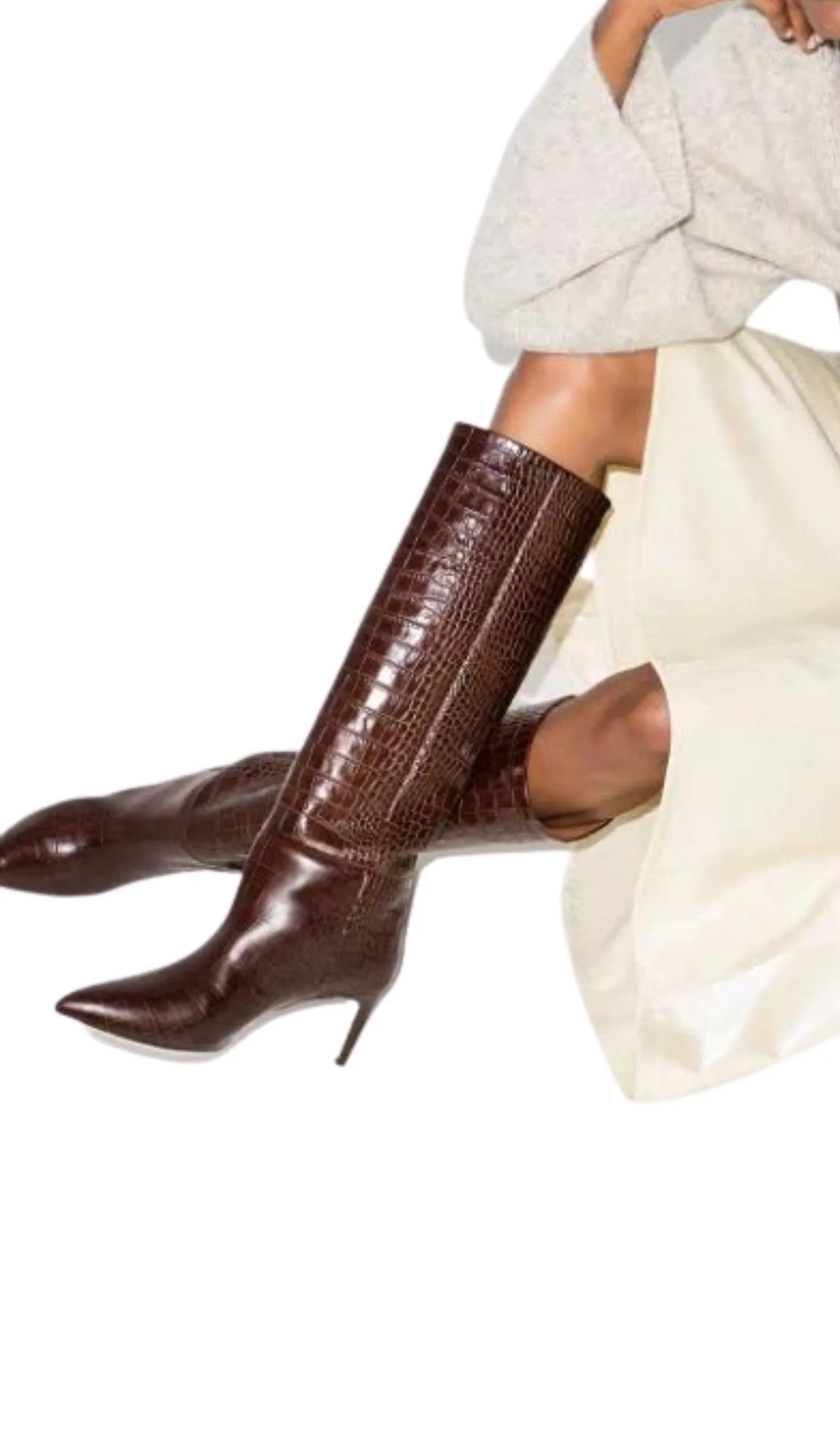 Crocodile-effect Leather Knee-High Boots