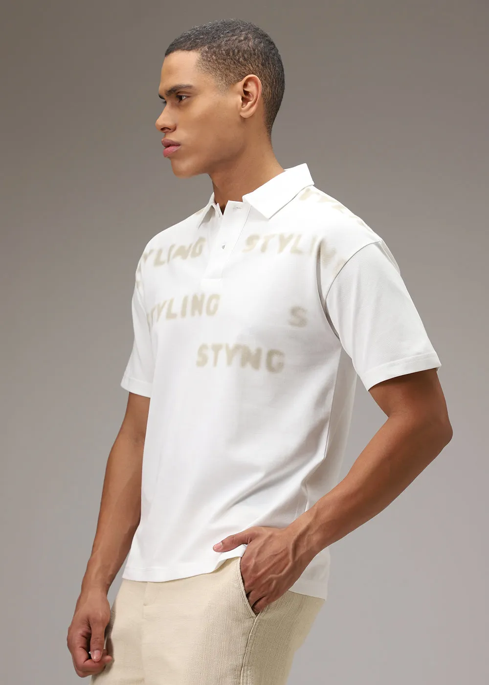 Faded Print White Polo T-shirt