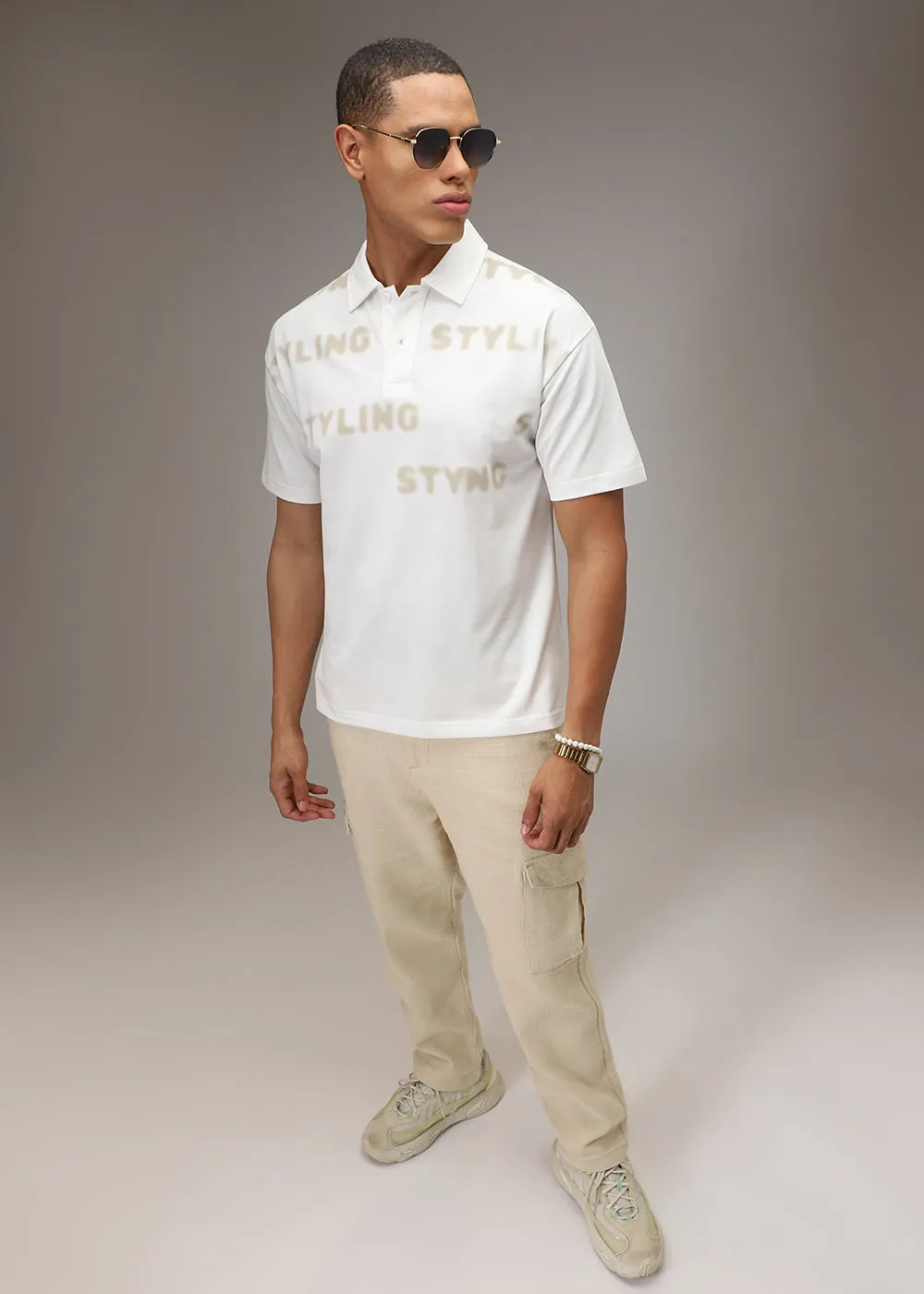 Faded Print White Polo T-shirt