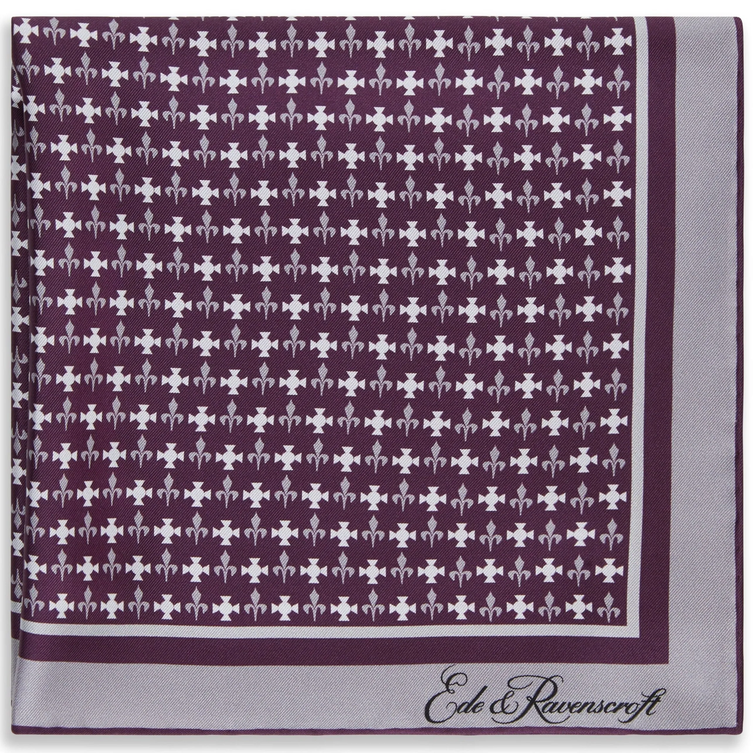 Fleur De Lys Silk Pocket Square Purple Silver