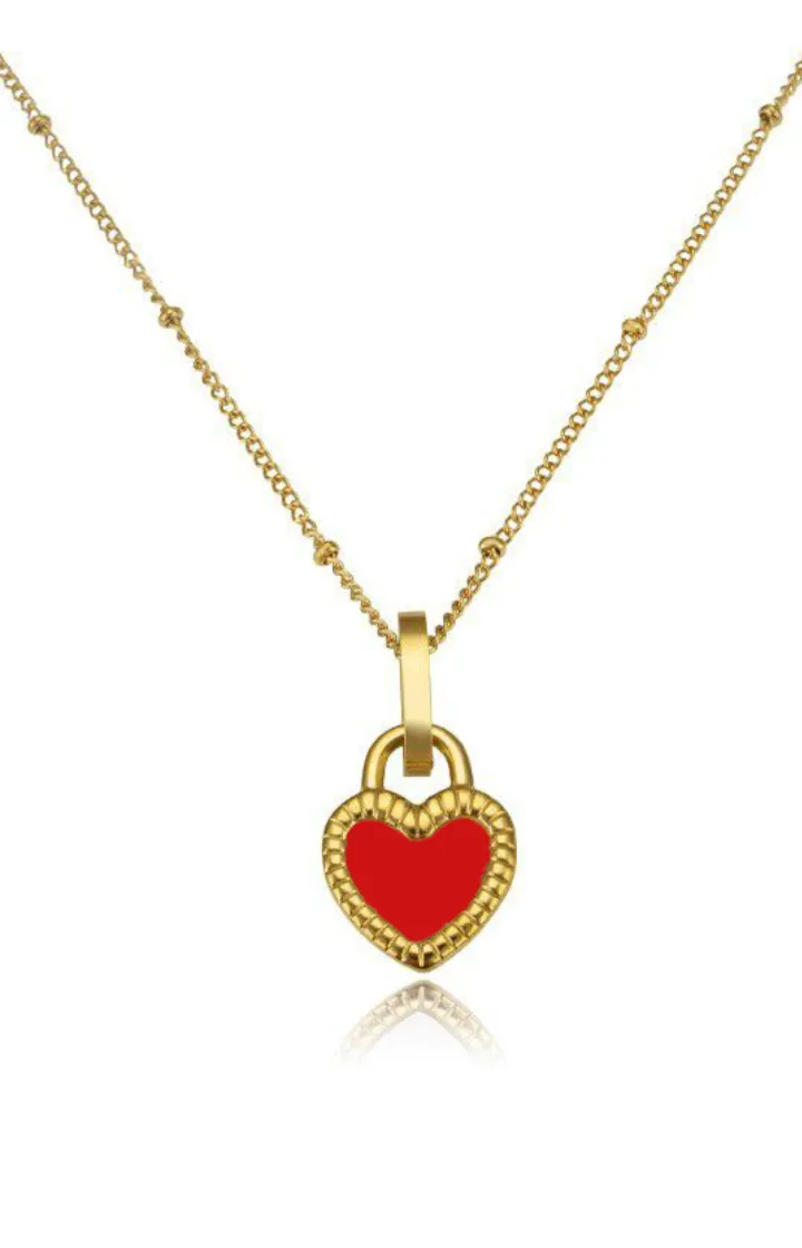 Genuine Love Reversible Two Side Heart Pendant with White and Red Ceramic Inlay in Gold Chain Necklace