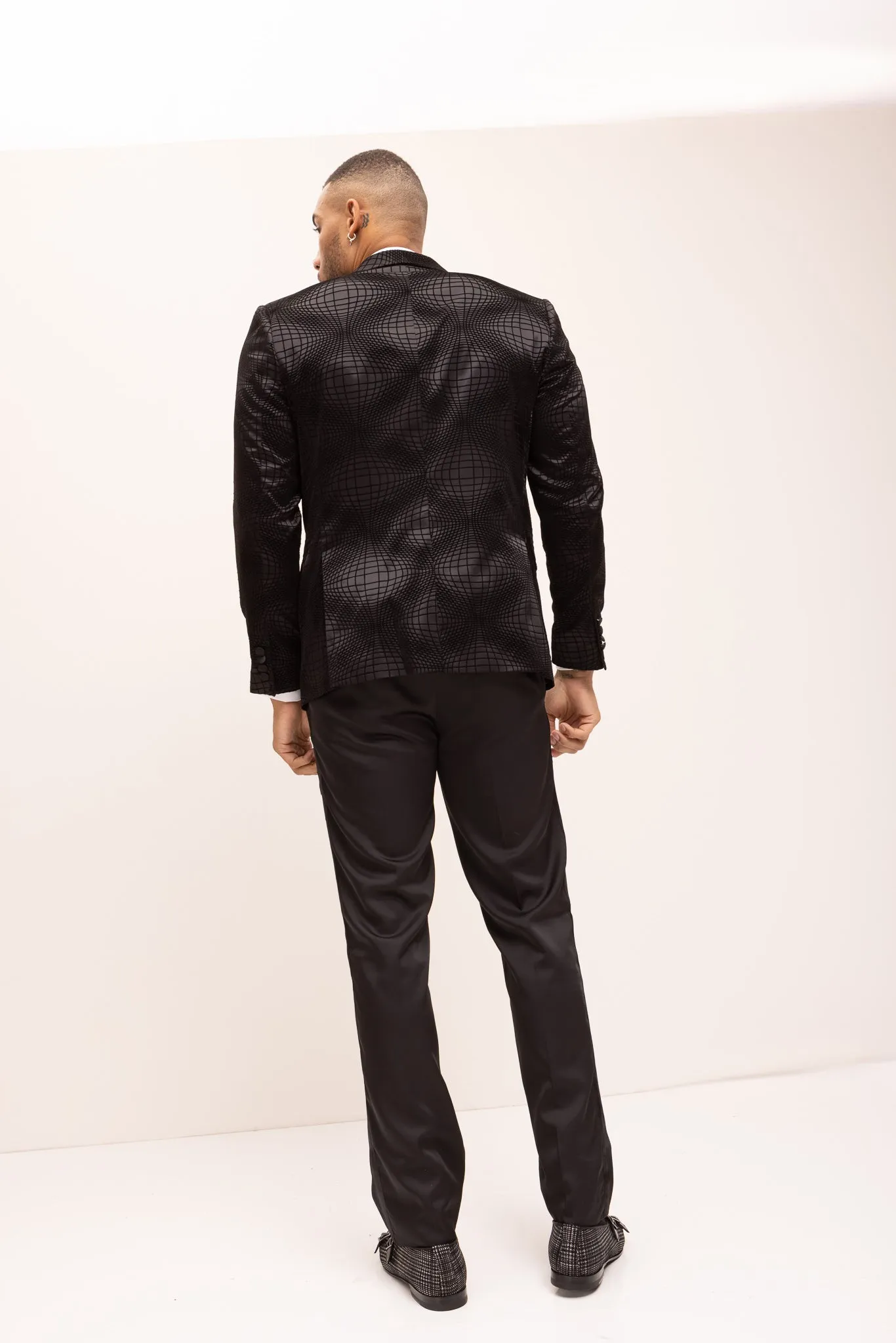 Geometric Flocking Shawl Lapel Tuxedo Jacket - Black