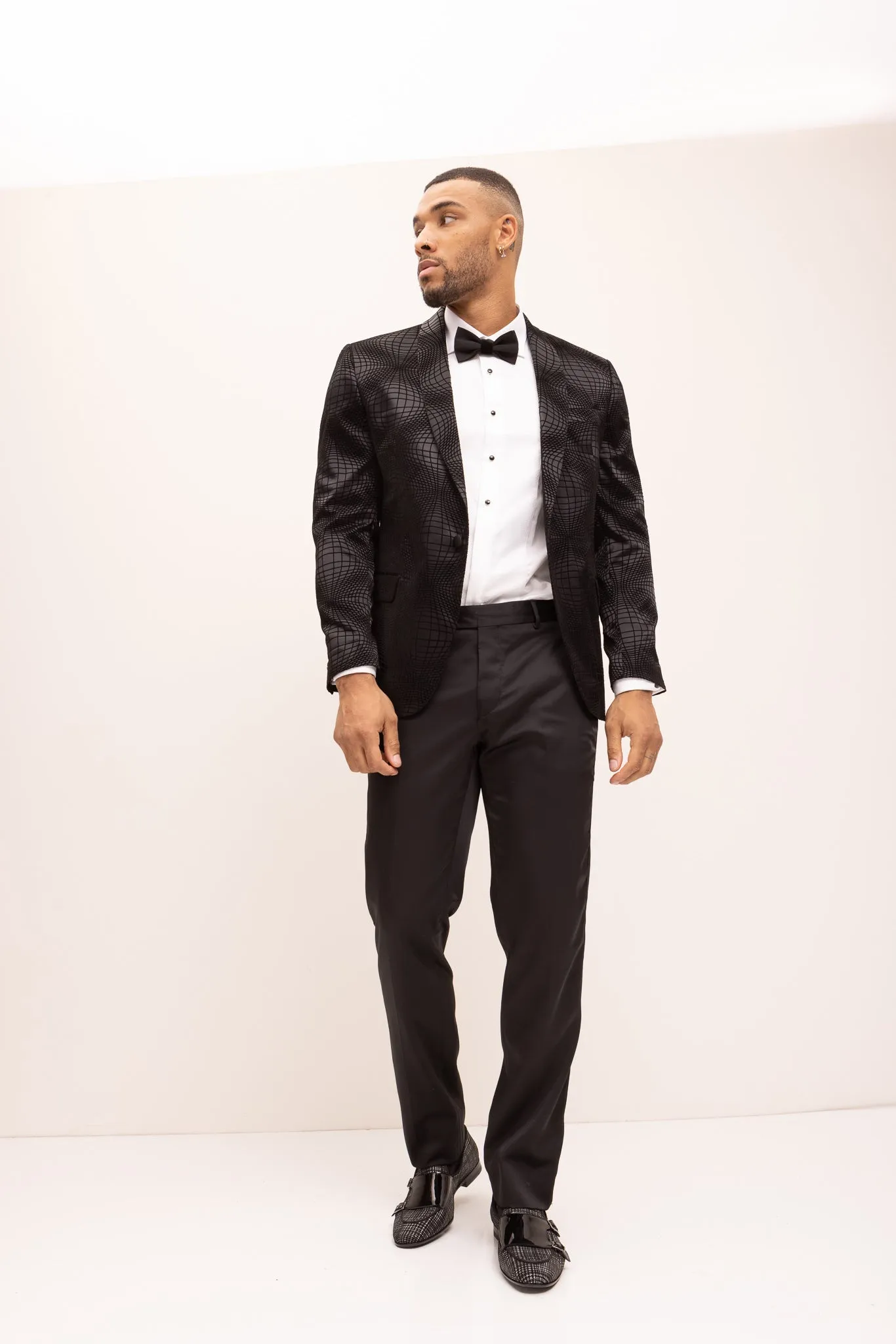 Geometric Flocking Shawl Lapel Tuxedo Jacket - Black