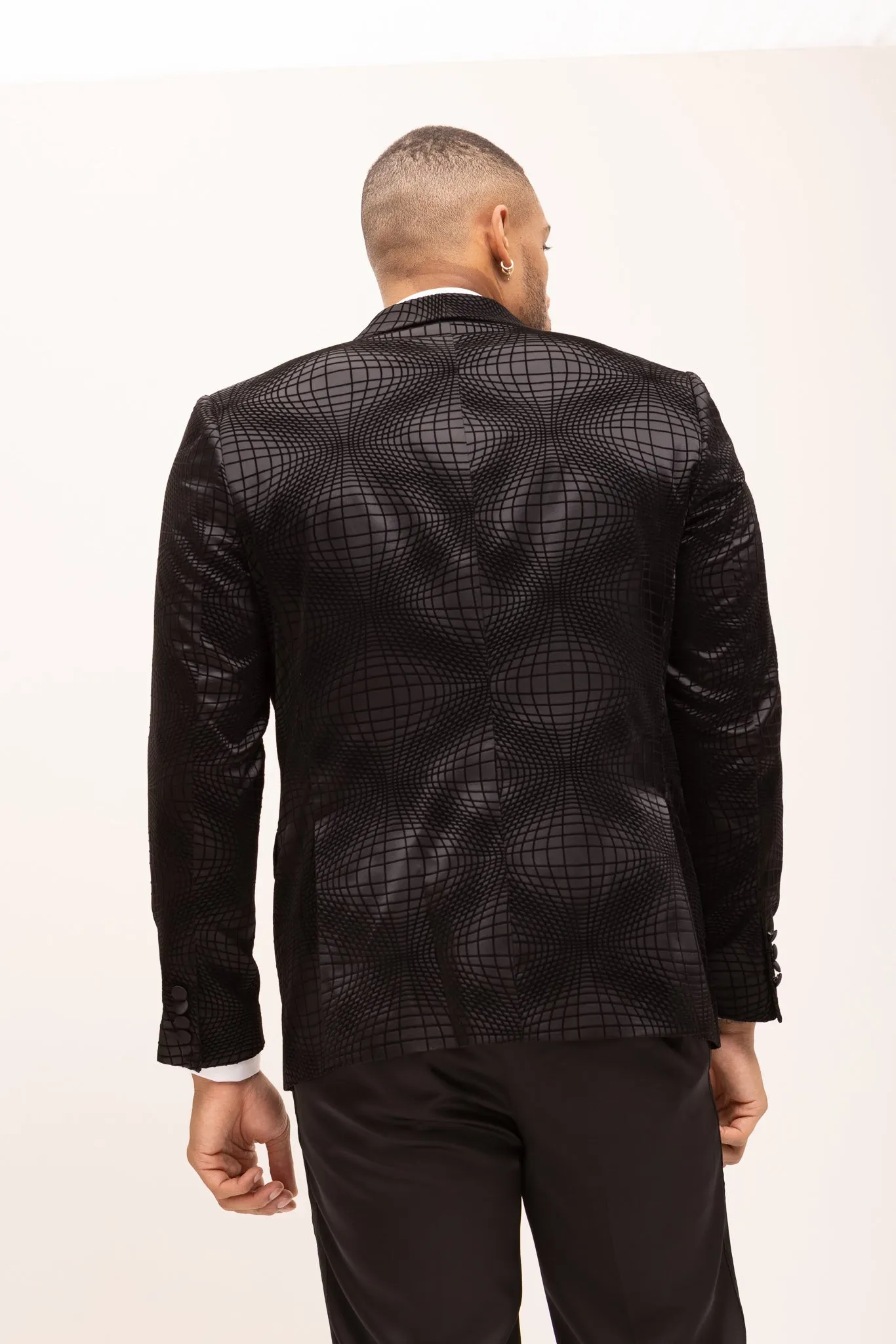 Geometric Flocking Shawl Lapel Tuxedo Jacket - Black