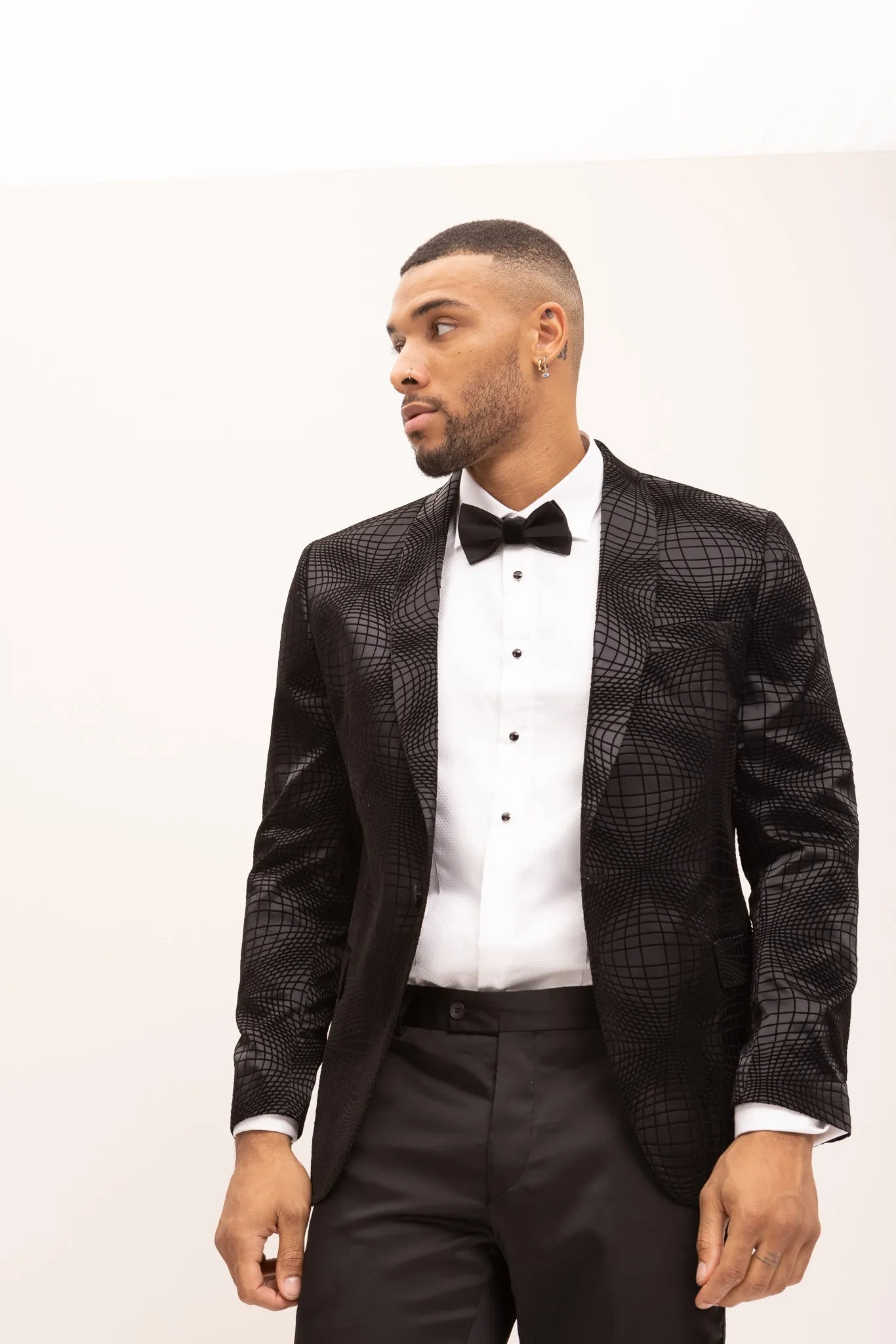 Geometric Flocking Shawl Lapel Tuxedo Jacket - Black