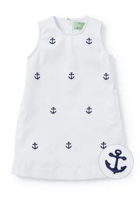 Girls Shift Dress Stretch Twill White with Anchor