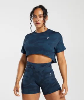 Gymshark Adapt Camo Seamless Ribbed Crop Top - Midnight Blue/Ash Blue