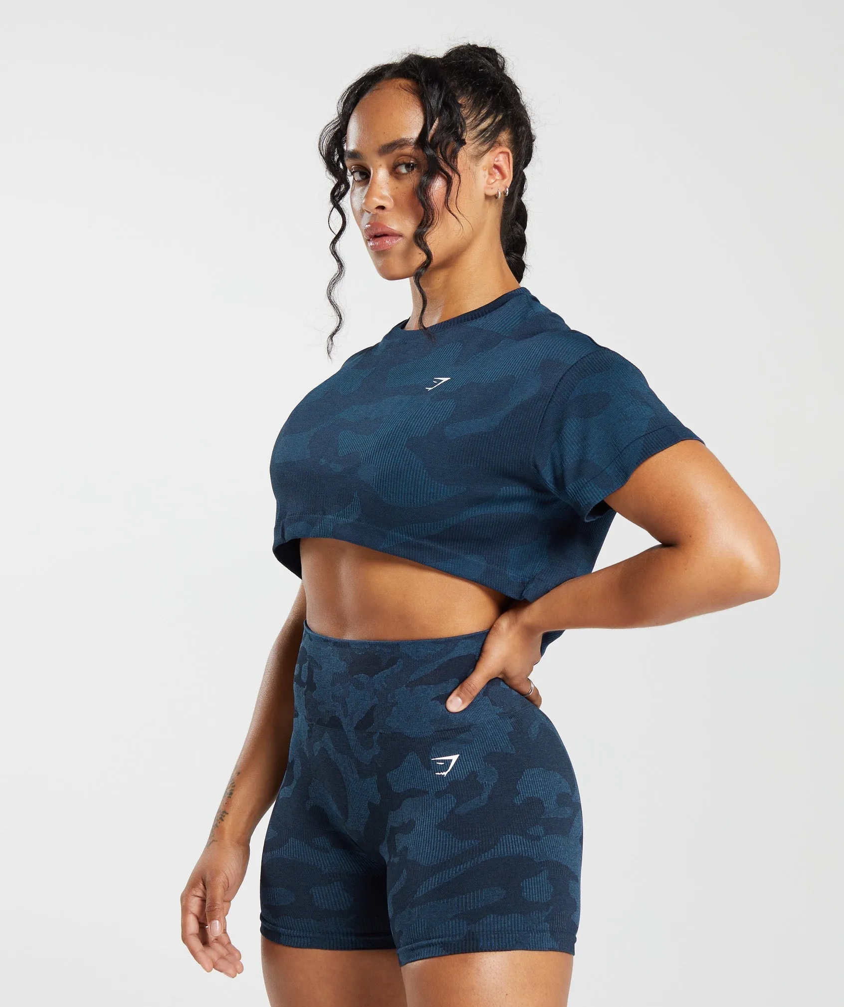 Gymshark Adapt Camo Seamless Ribbed Crop Top - Midnight Blue/Ash Blue