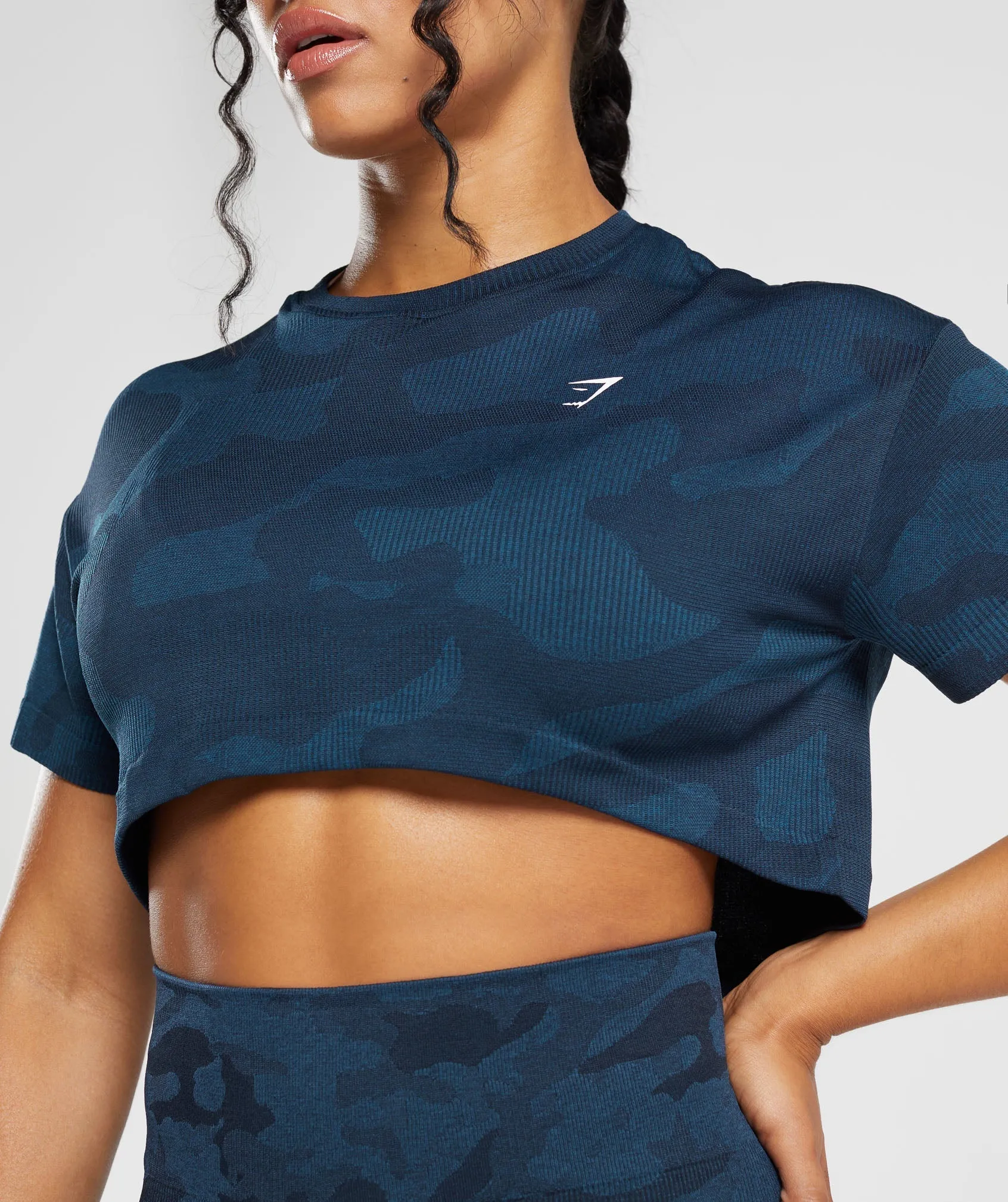 Gymshark Adapt Camo Seamless Ribbed Crop Top - Midnight Blue/Ash Blue