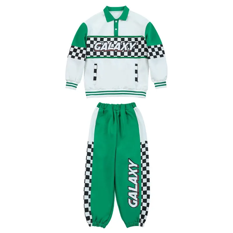 #HH460 Hip Hop Contrast Polo Shirt- Plaid Pants-  Crop Top -Skirt Sets