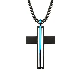 Inox Cross Pendant with Blue Line