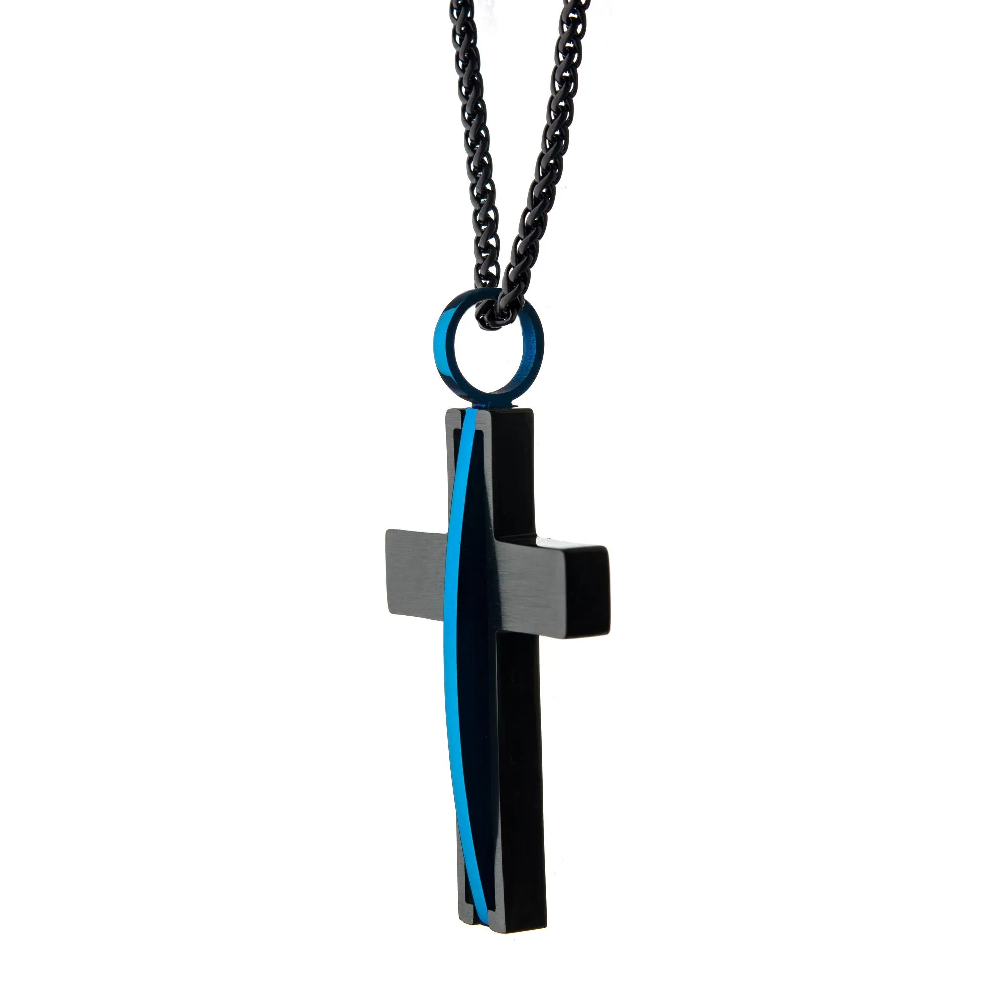 Inox Cross Pendant with Blue Line