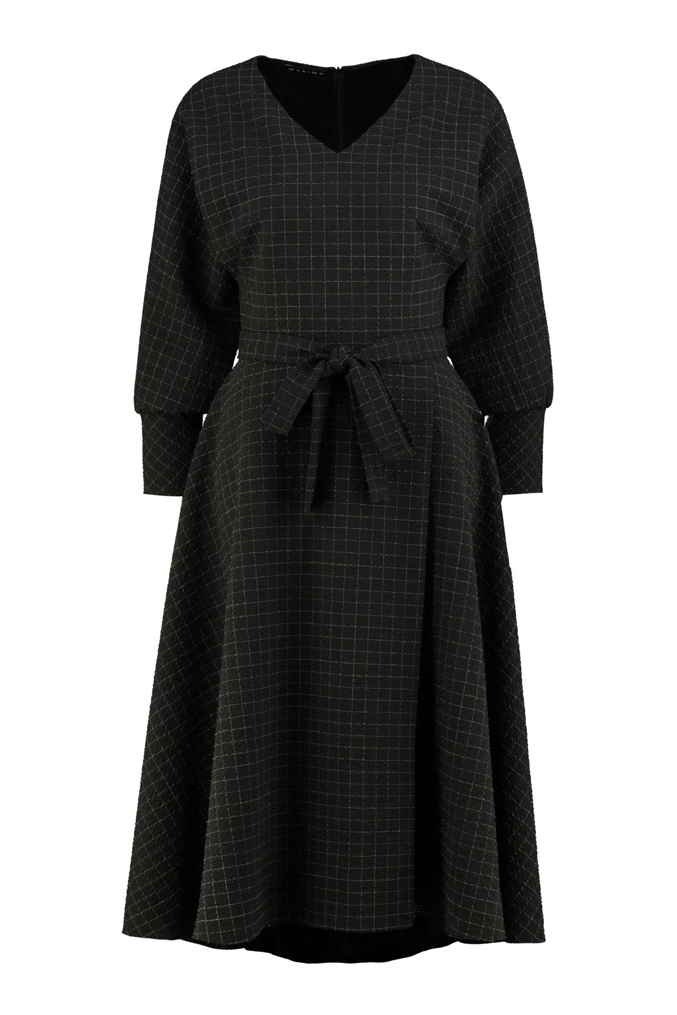 LEGAZPIA BLACK PLAID WOOL SEERSUCKER KIMONO CUT WRAP DRESS