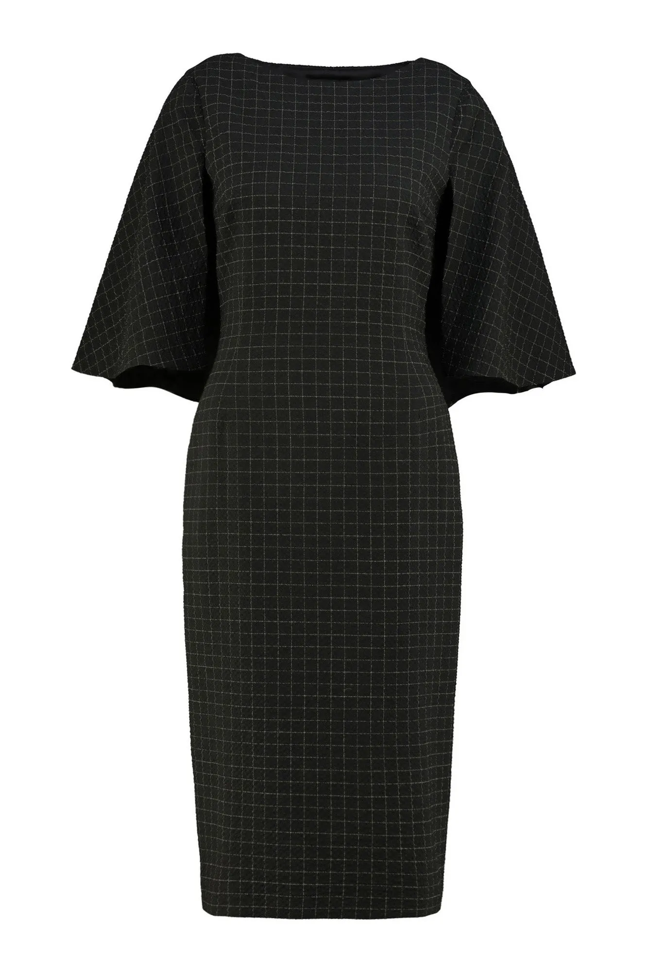 LEGRANDIA BLACK PLAID WOOL SEERSUCKER PENCIL DRESS WITH A CAPE DETAIL