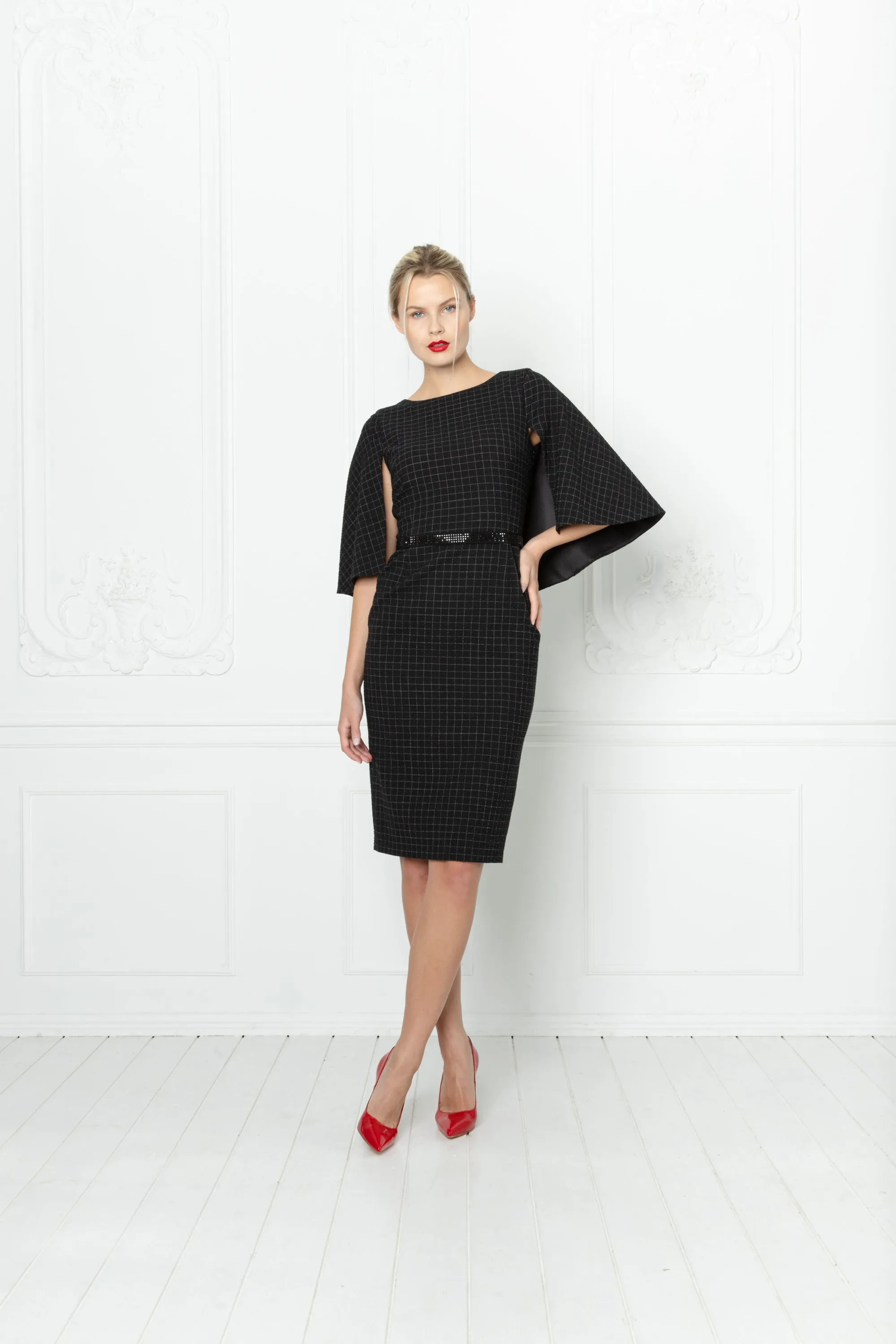 LEGRANDIA BLACK PLAID WOOL SEERSUCKER PENCIL DRESS WITH A CAPE DETAIL